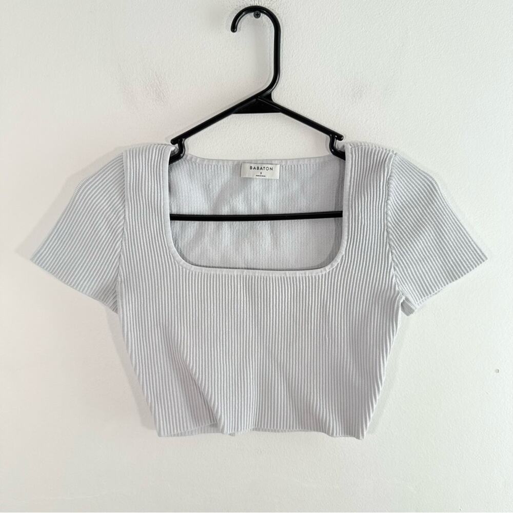 Babaton Ice Blue Gray Sculpt Square Neck Short Sleeve Crop Top Tee Small